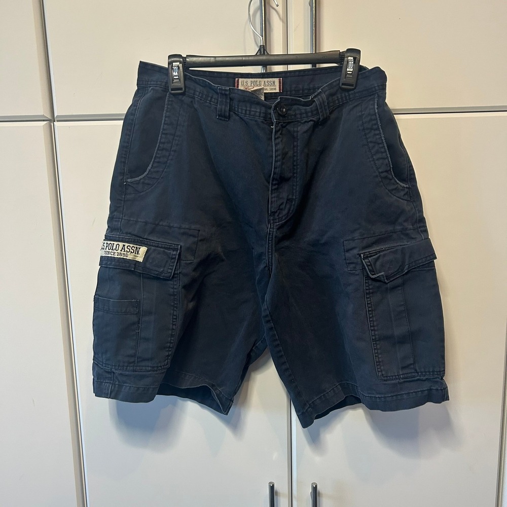 US Polo Assn Mens Heritage Cargo Shorts Navy Blue Cotton Twill Size 33‎ Utility